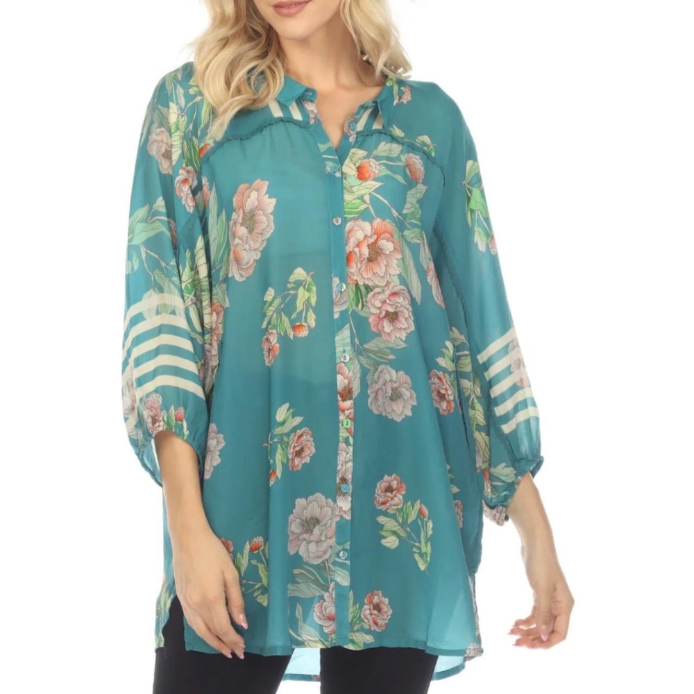 Johnny Was Romano Flower Ceres Shirt Large Teal Floral Cupra Rayon‎ Button Down